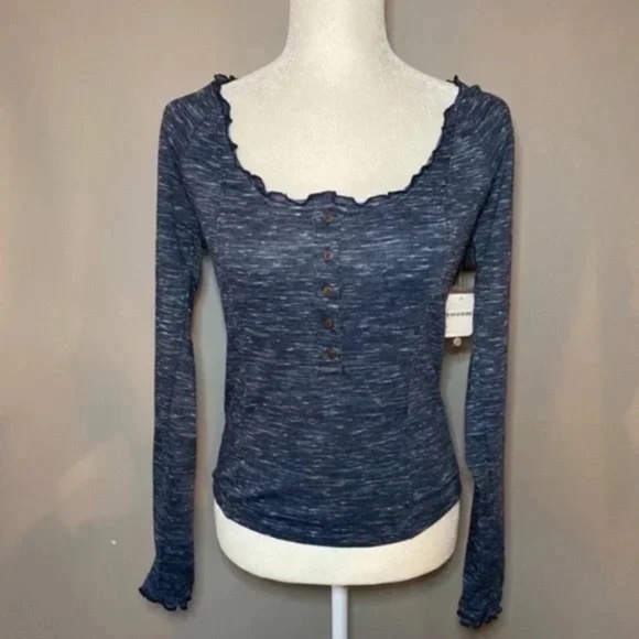 FREE PEOPLE Henley buttons long sleeve dark blue Small NWT - Picture 7 of 13